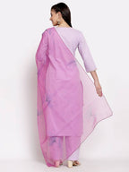 Myshka Women's Light Purple Cotton Solid 3/4 Sleeve Round Neck Casual Kurta Pant Dupatta Set | Grocsy