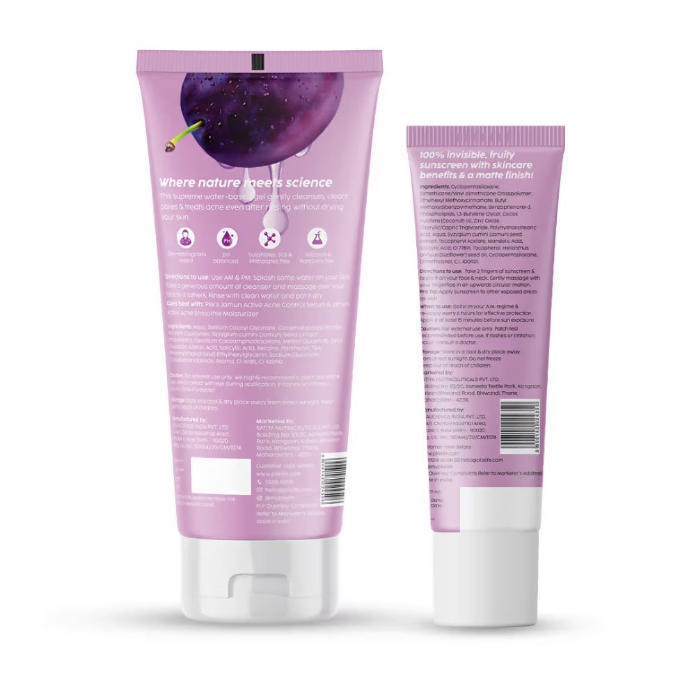 PLIX The Plant Fix Jamun Active Acne Kit With Spf 50+ Sunscreen & Juicy Cleanser | Grocsy