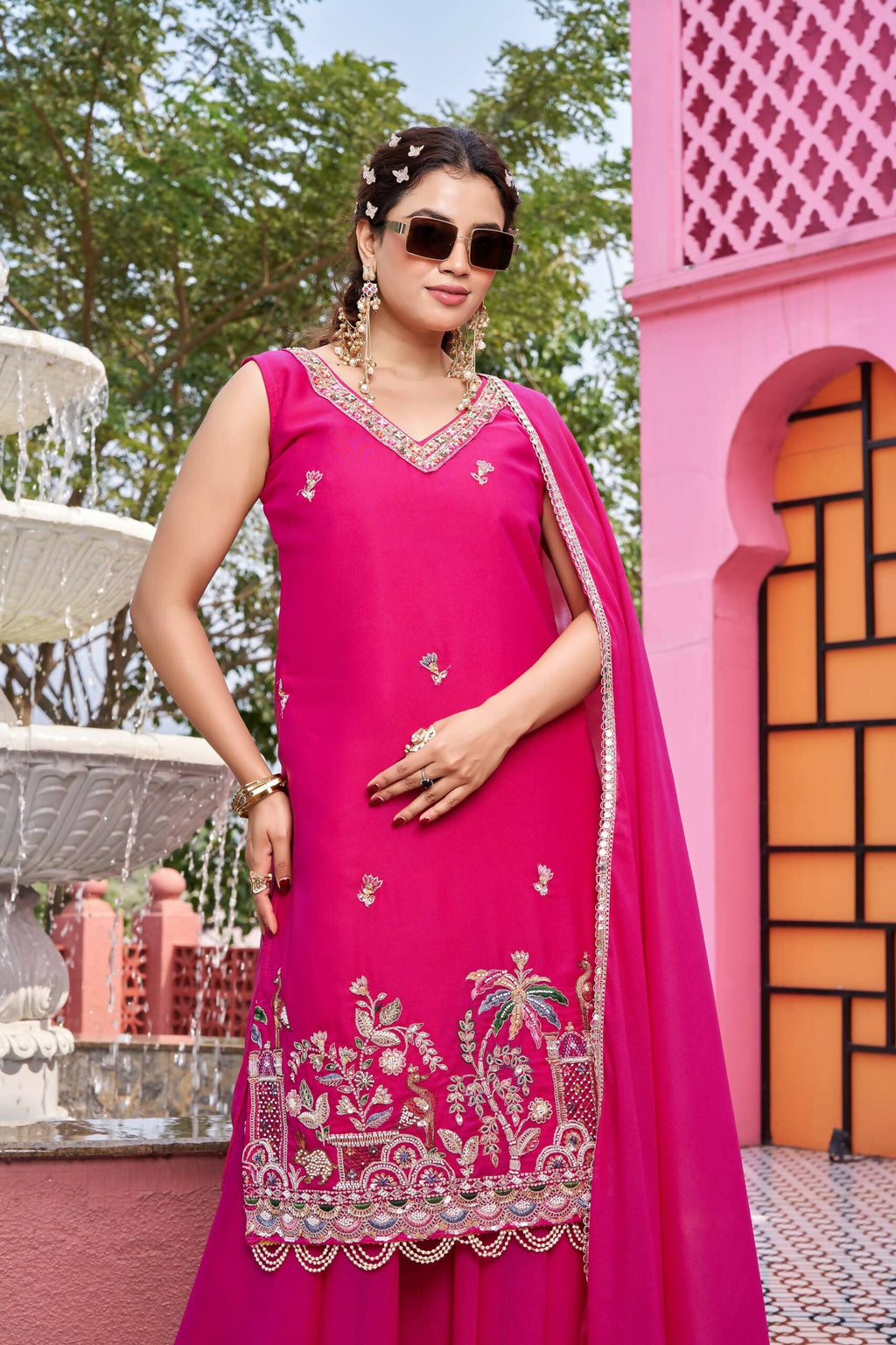 Teeya Creation Womens New Stylish Moti Beads With Cording Sequence Thread Embroidery Work Pink Kurta Set | Grocsy
