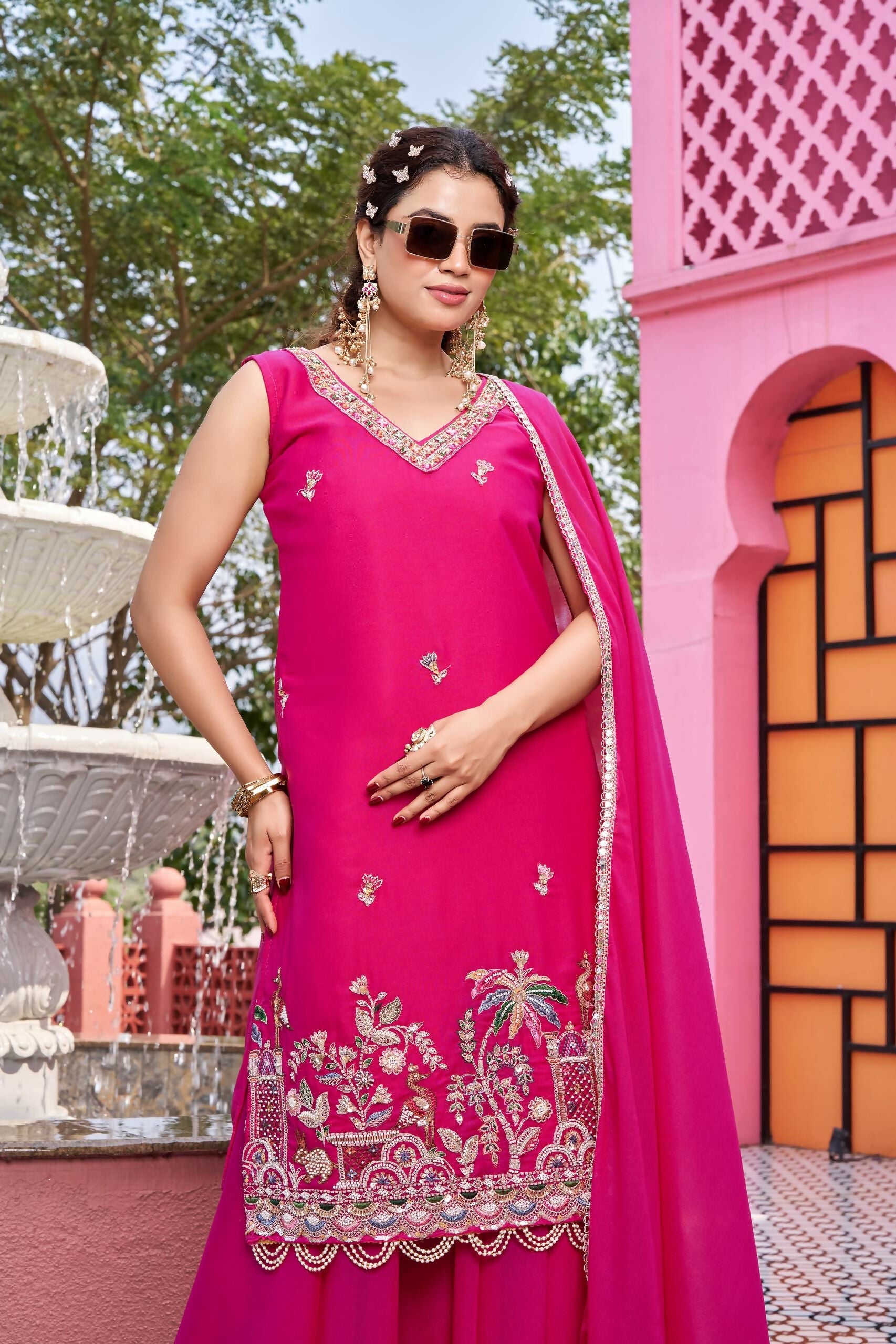 Teeya Creation Womens New Stylish Moti Beads With Cording Sequence Thread Embroidery Work Pink Kurta Set | Grocsy