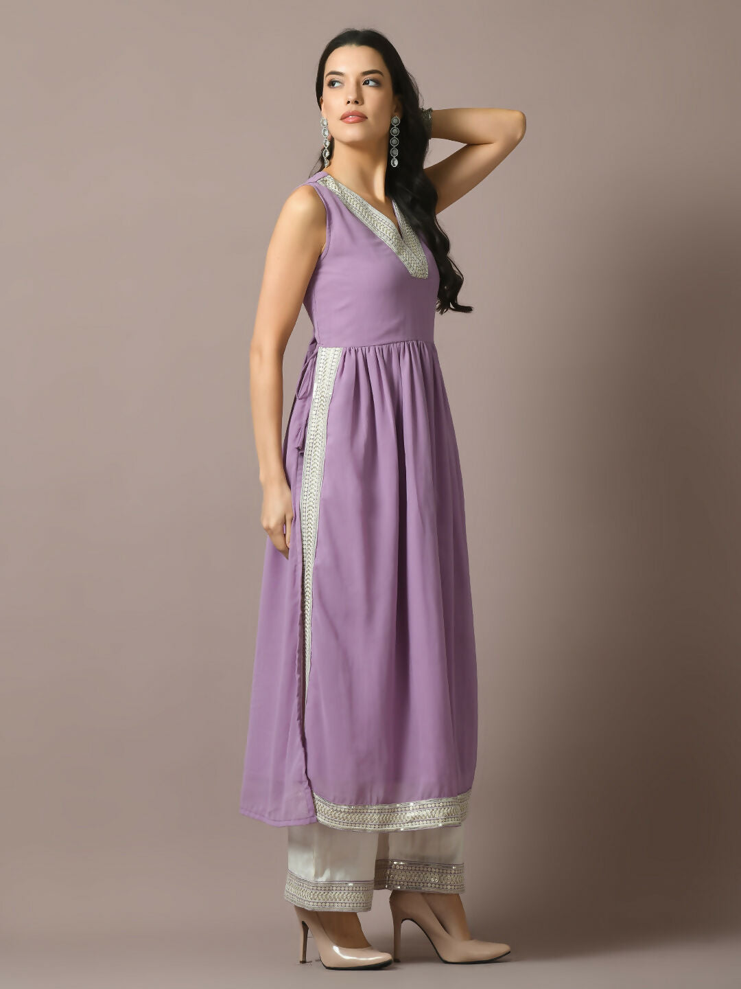 Myshka Women's Lavender Solid Georgette Anarkali Party Kurta Set | Grocsy