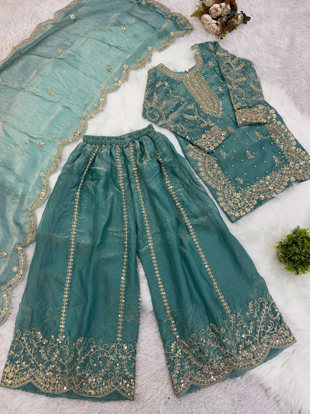 Teeya Creation New Trendy Fully Stitched Ready to Wear Kids Kurta Palazzo Set-Blue | Grocsy
