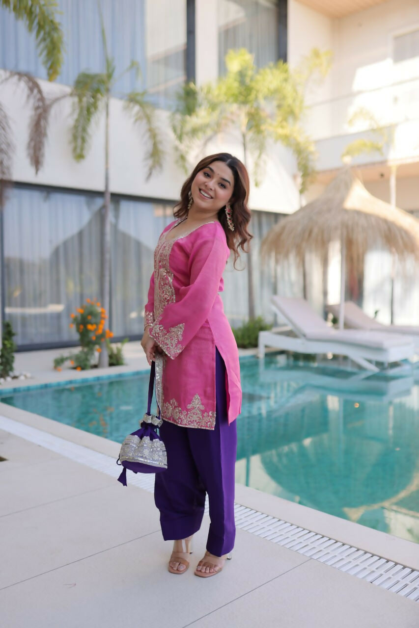 Teeya Creation Womens Wear Purple,Pink Color Viscose Fabric With Sequins & Coding Zari Embroidered Work Kurta Pant Set | Grocsy