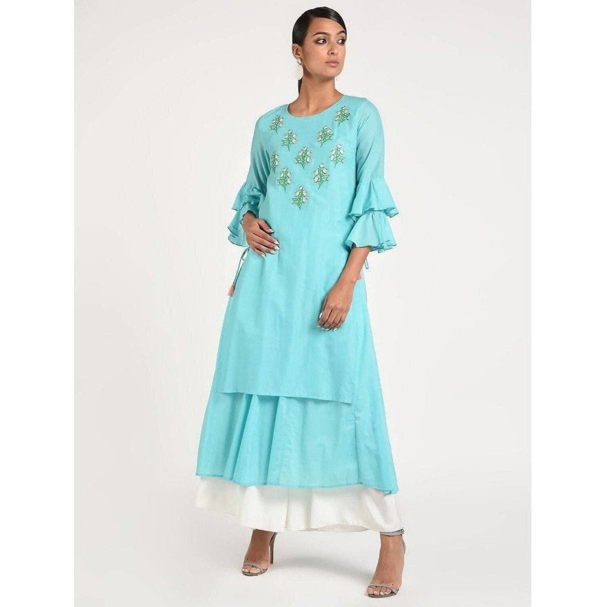 Cheera Women's Anarkali Double Layered Kurta With Contrast Embroidery And Side Dori Tasal (CH020K) | Grocsy