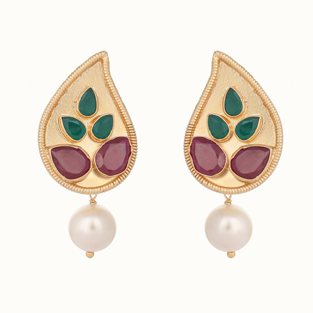 Nuyug 22K Gold Plated Ruby Stone Studded Contemporary Petal Shaped Pearl Drop Stud Earrings | Grocsy