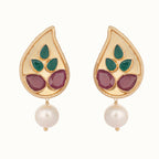 Nuyug 22K Gold Plated Ruby Stone Studded Contemporary Petal Shaped Pearl Drop Stud Earrings | Grocsy
