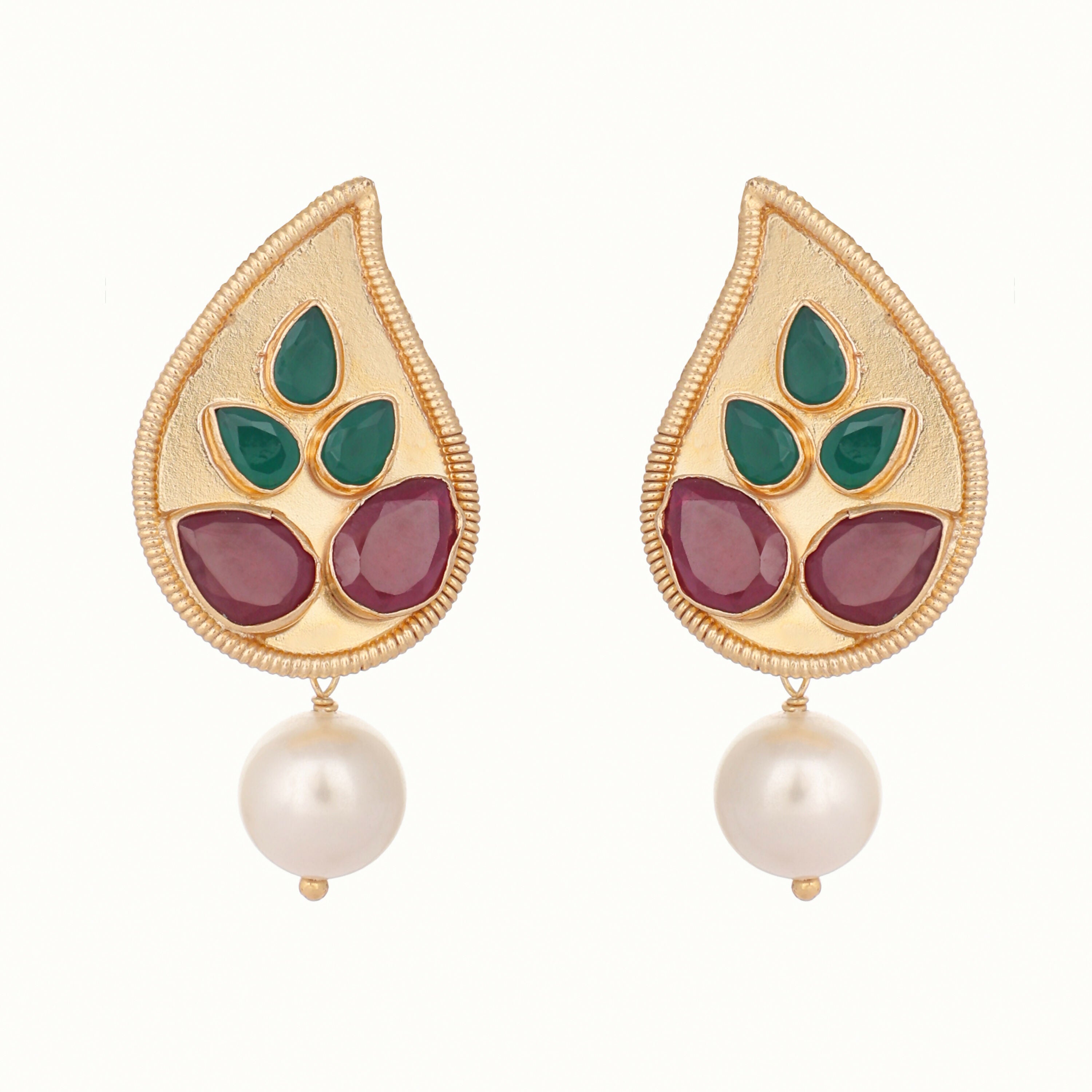 Nuyug 22K Gold Plated Ruby Stone Studded Contemporary Petal Shaped Pearl Drop Stud Earrings | Grocsy
