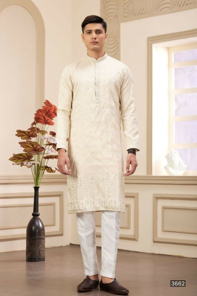 Raivat Ethnic Art Silk Thread Work Kurta Pajama In Beige Colour | Grocsy
