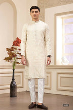 Raivat Ethnic Art Silk Thread Work Kurta Pajama In Beige Colour | Grocsy