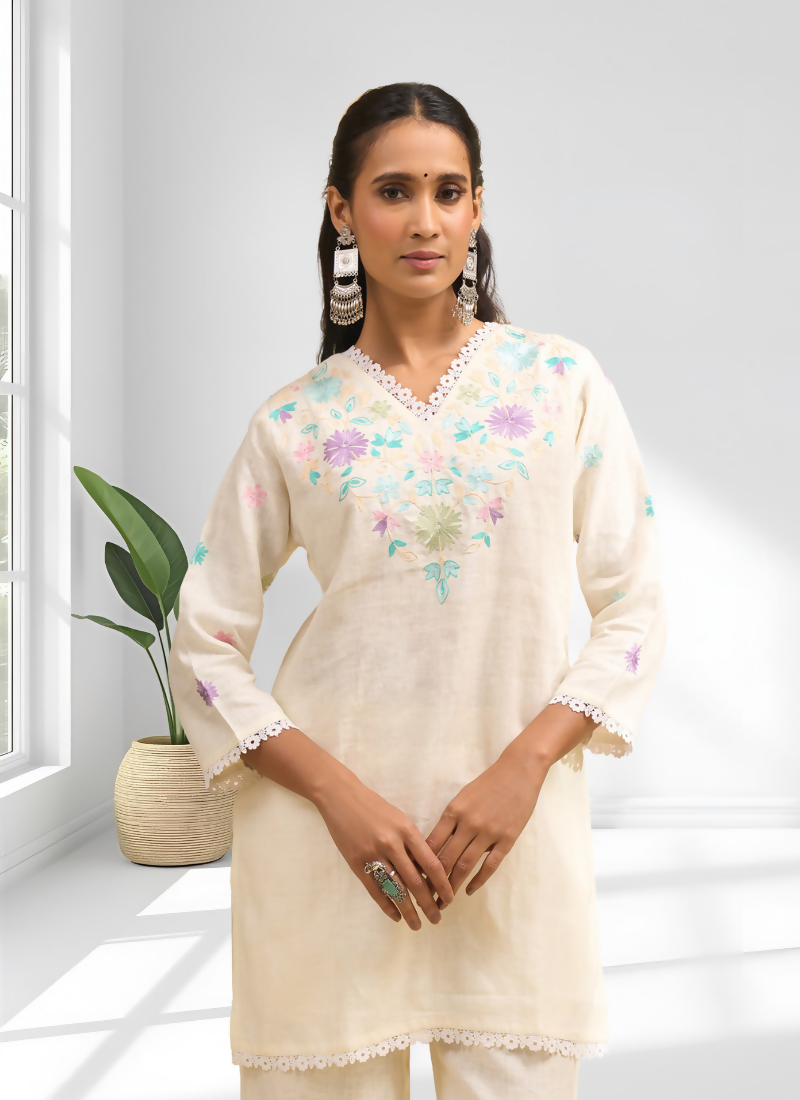 Joban Fashion Cream Linen Embroidered Readymade Cord Set | Grocsy