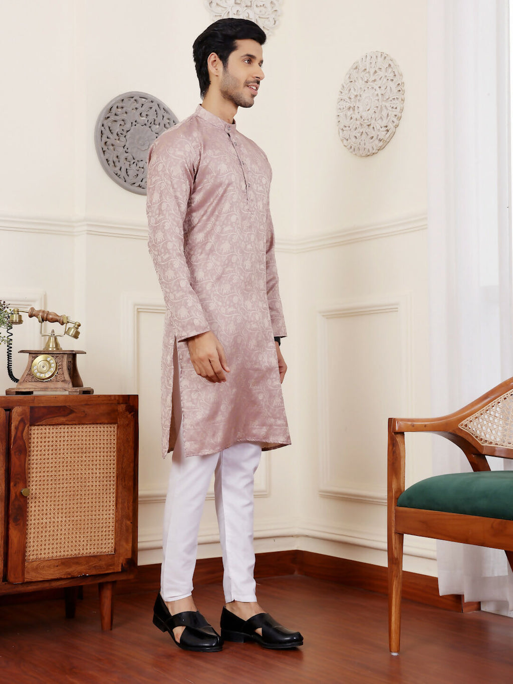 Mauve Modal Silk Wevon Designer Men's Rajwadi Kurta Set - Mahotsav | Grocsy