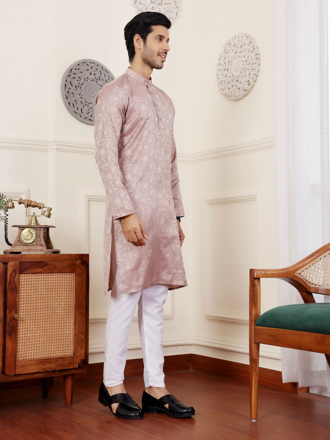 Mauve Modal Silk Wevon Designer Men's Rajwadi Kurta Set - Mahotsav | Grocsy