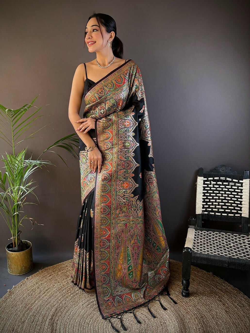 Joban Fashion Black Meena Weaves Pashmina Sarees | Grocsy