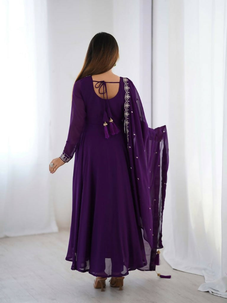 Teeya Creation Purple Color Pure Soft Georgette Embroidery Work Gown | Grocsy