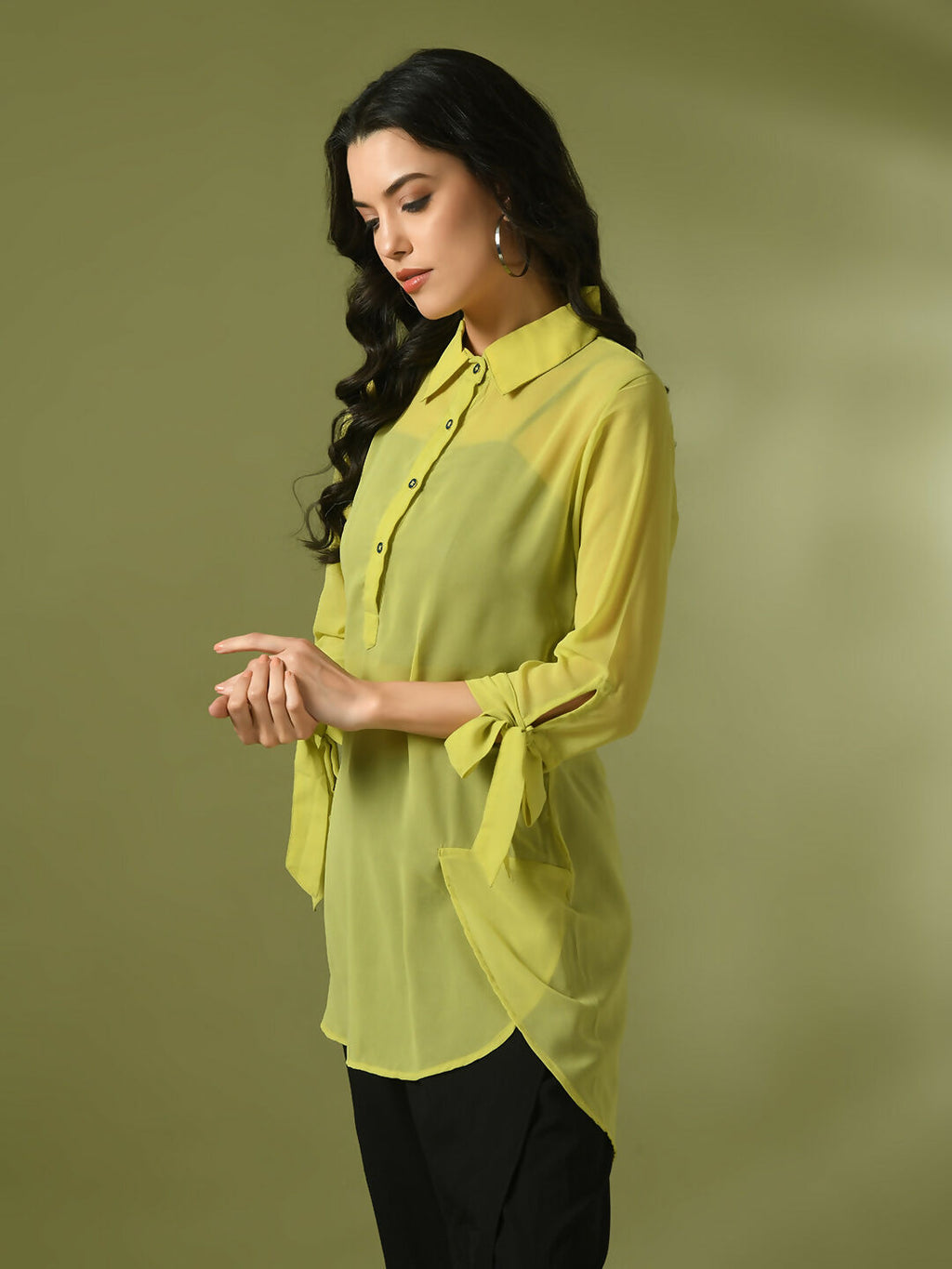 Myshka Women's Yellow Solid Georgette Longline Party Sheer Tunic | Grocsy