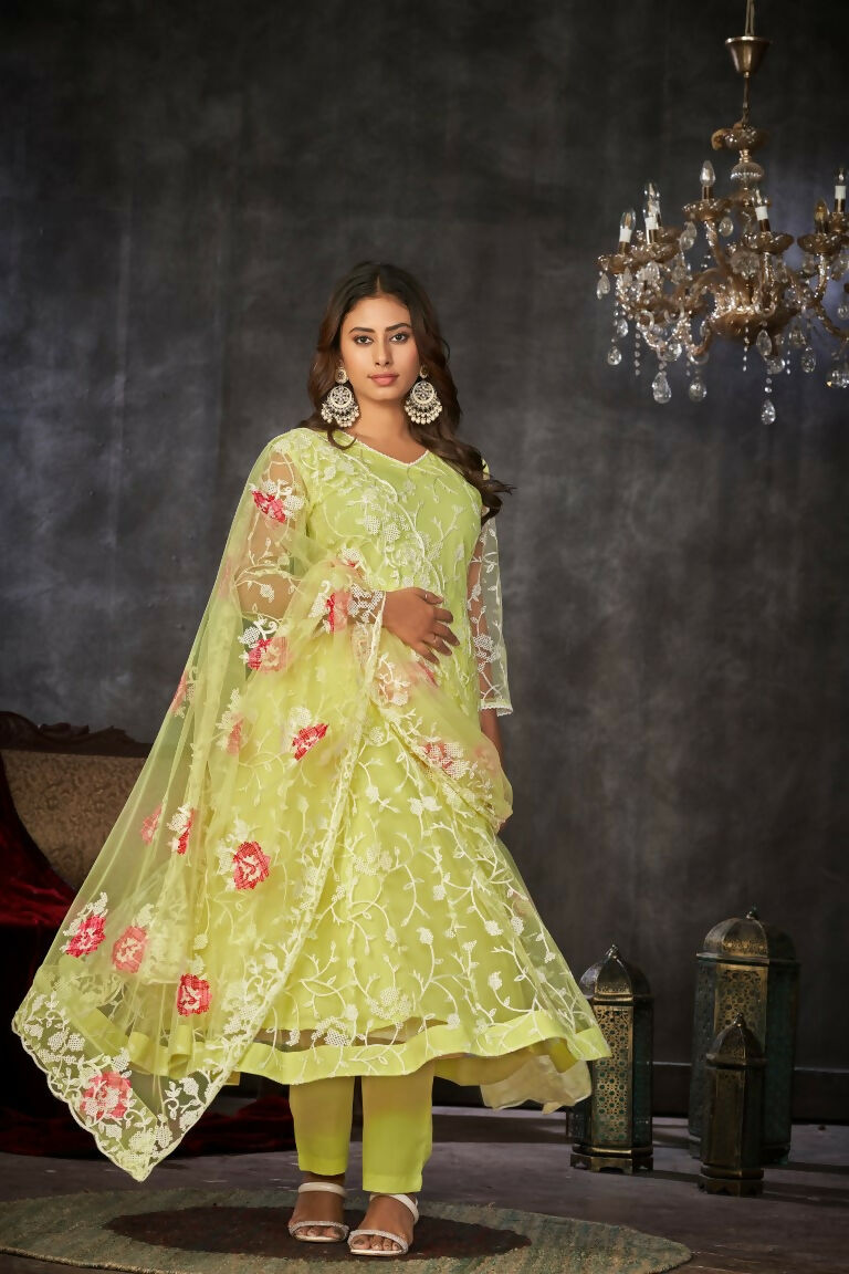 Jyoti Fashion Women's Pista Net Embroidered Anarkali Kurta Pant Set With Dupatta | Grocsy