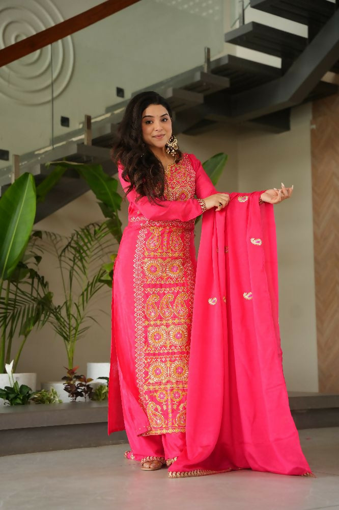 Joban Fashion Gajri Kurta Set Silk Sequins , Zari, Coding & Thread Embroidered work | Grocsy