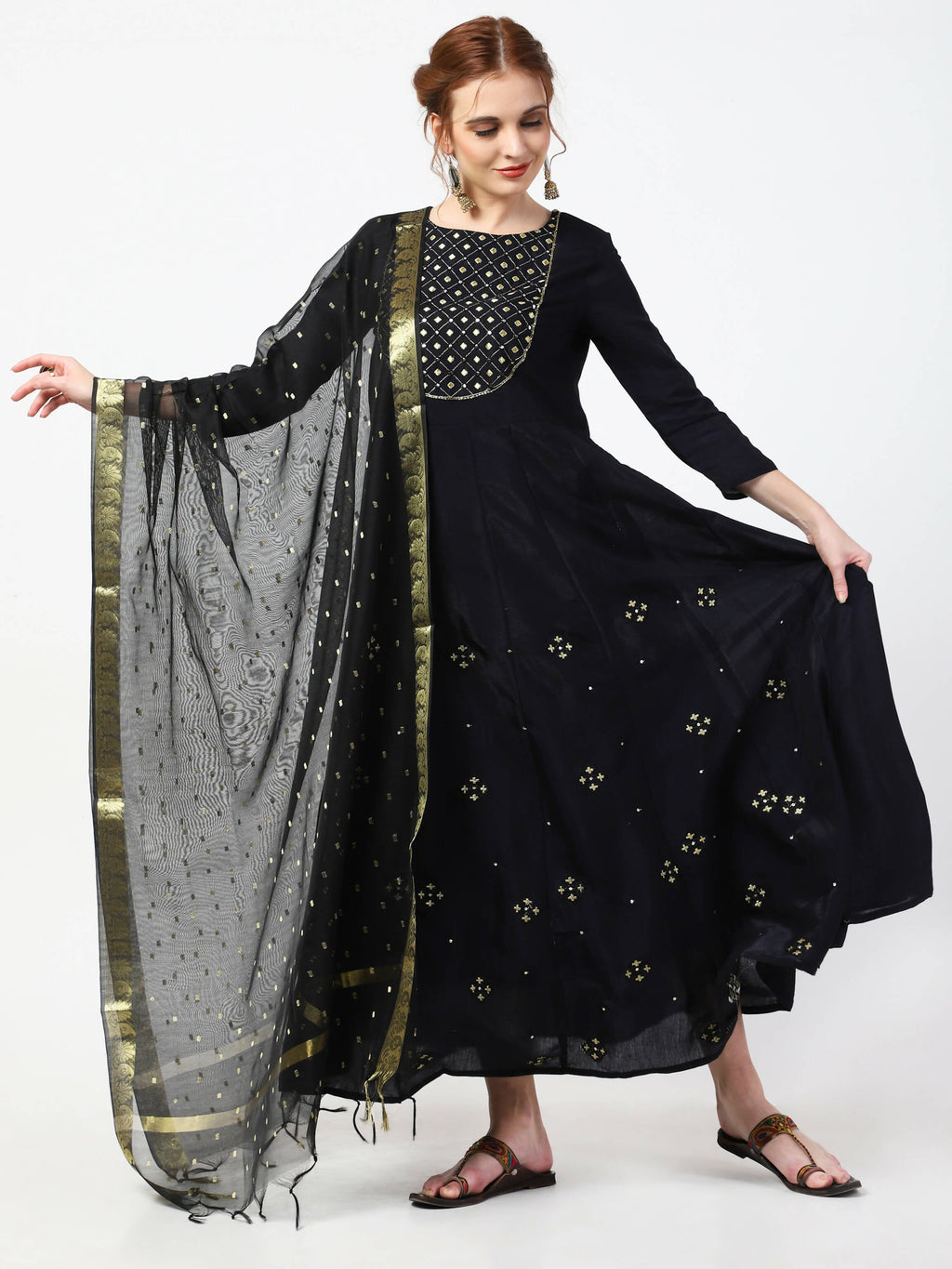 Cheera Embellished Party Wear Anarkali Dress with Dupatta - Black | Grocsy