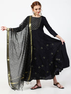Cheera Embellished Party Wear Anarkali Dress with Dupatta - Black | Grocsy