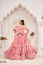 Eilara Women'S Peach Butterfly Net White Cotton Thread And Zari Sequence Embroidered Work Lehenga Choli For Party Wear | Grocsy
