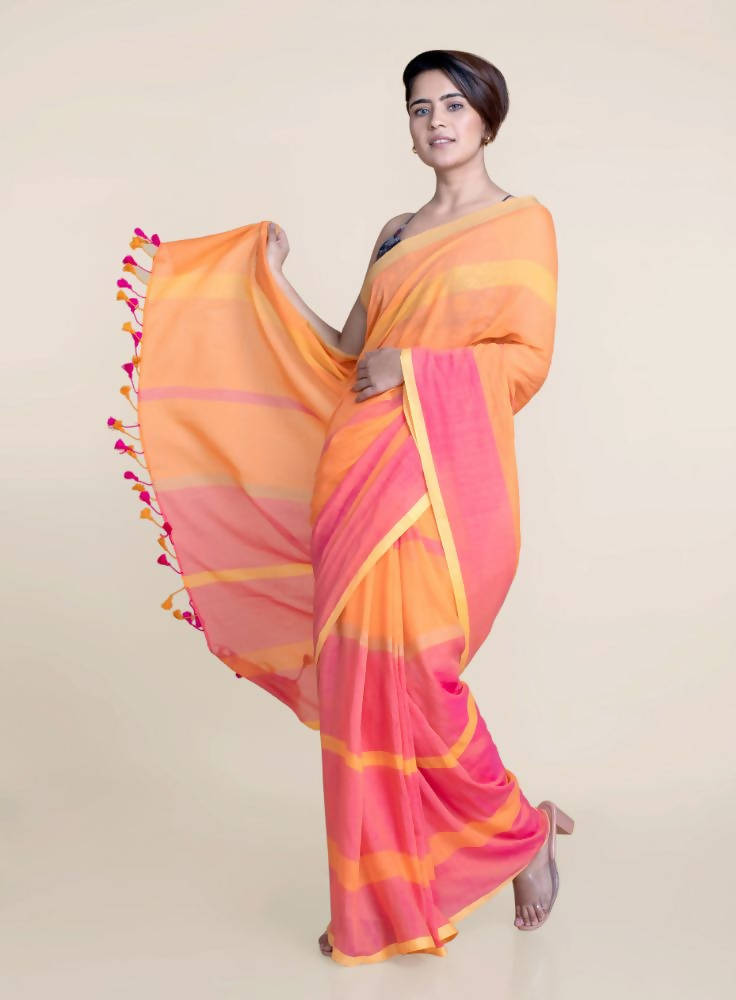 Suta Orange Pink Striped Mul Saree | Grocsy