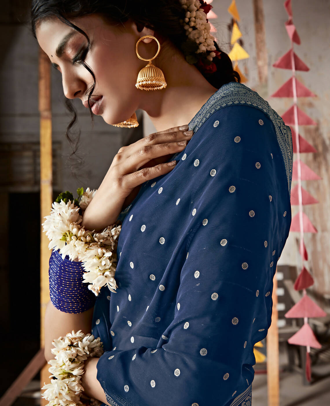 Blue Georgette Foil Printed Saree With Unstitched Blouse Piece - Nitya | Grocsy