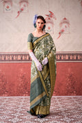 Vastranavya Mehendi Tussar Silk Printed with Viscose Border Saree & Unstitched Blouse | Grocsy