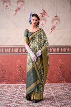 Vastranavya Mehendi Tussar Silk Printed with Viscose Border Saree & Unstitched Blouse | Grocsy