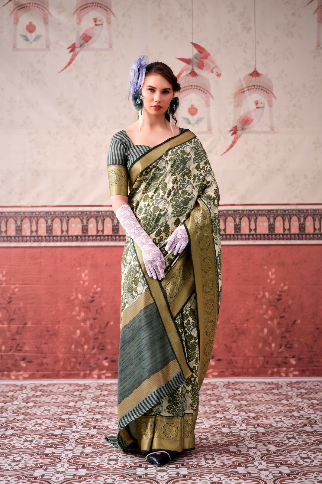 Vastranavya Mehendi Tussar Silk Printed with Viscose Border Saree & Unstitched Blouse | Grocsy
