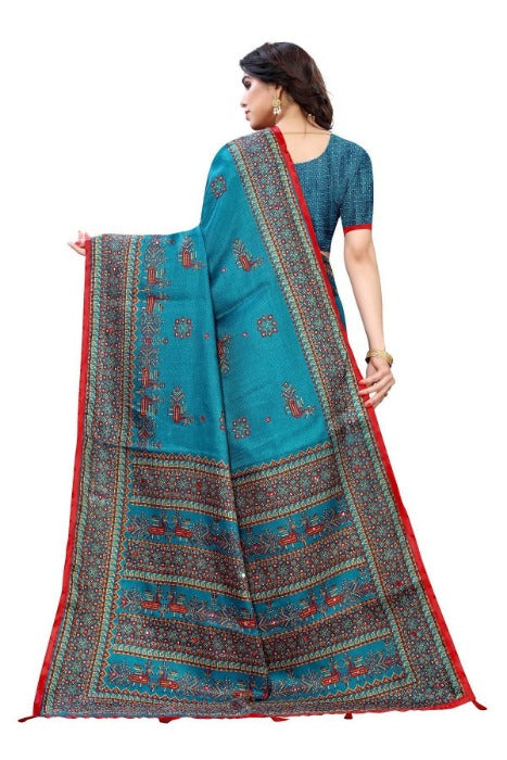 Vamika Blue Mirror Work With Jhalar Khadi Silk Saree (AASHI BLUE) | Grocsy