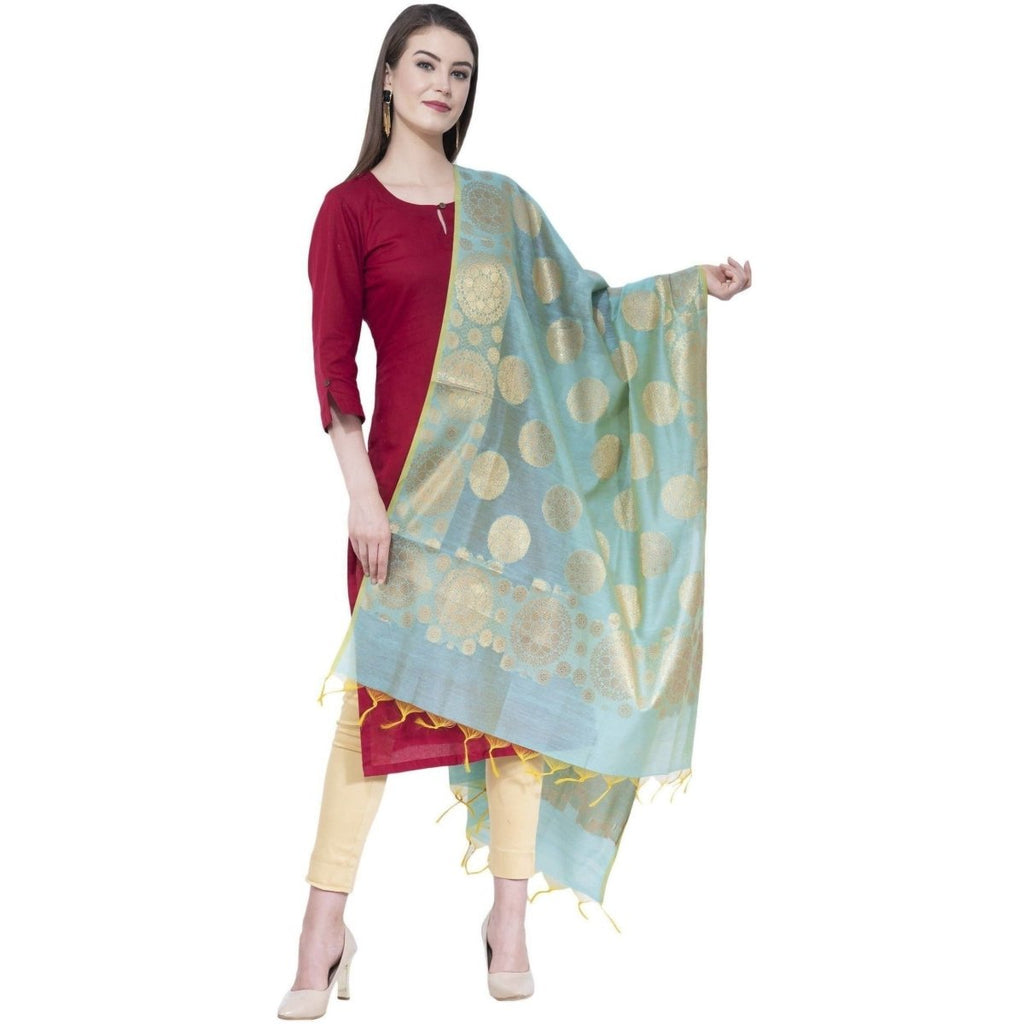 A R Silk Women's Zari Embroidery Chanderi Cotton Firozi Dupattas and Chunnis | Grocsy