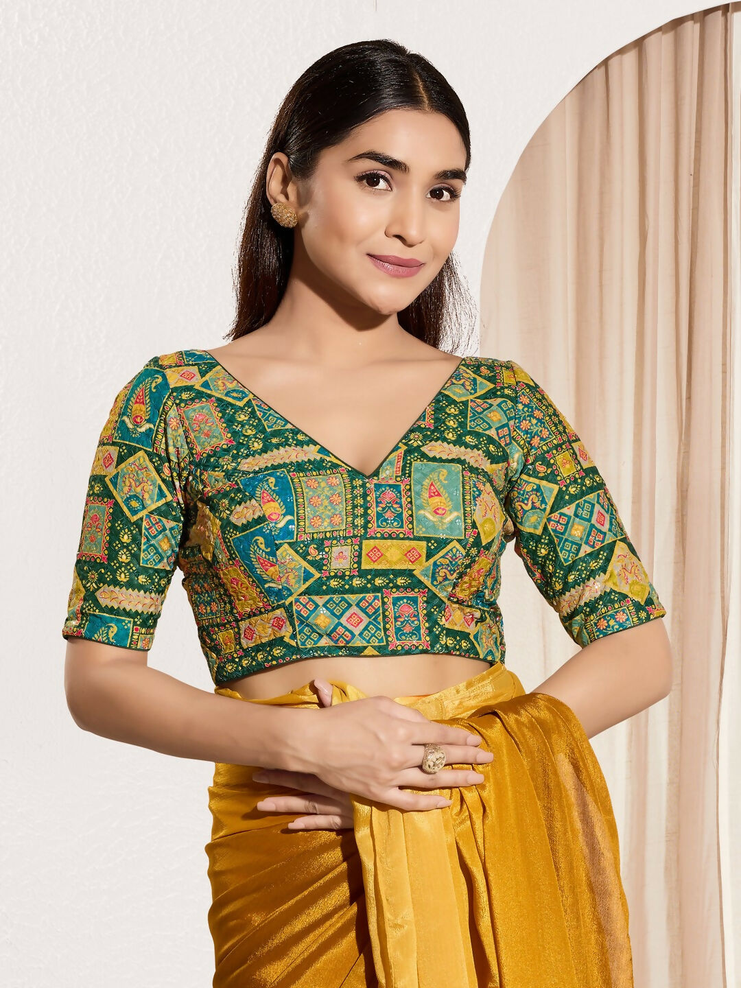 Joban Fashion Bottle Green Viscose Rayon Padded Blouse With V Neck Elbow Sleeves | Grocsy