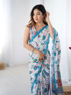 Off White Chinon Designer Digital Printed,Mirror Cut Work Saree - Elayna | Grocsy