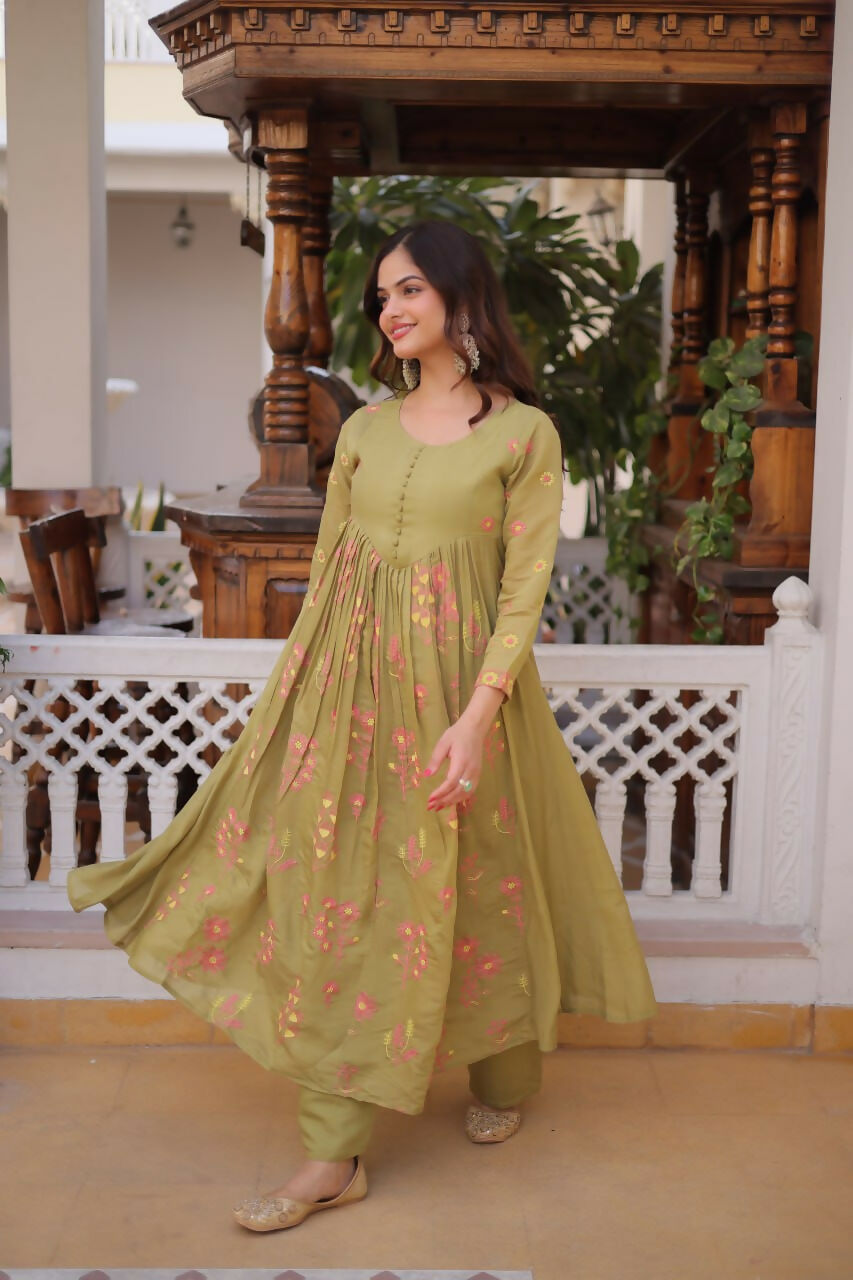 Teeya Creation Womens New Fancy Mul Chanderi With Embroidered Work Gown Set | Grocsy