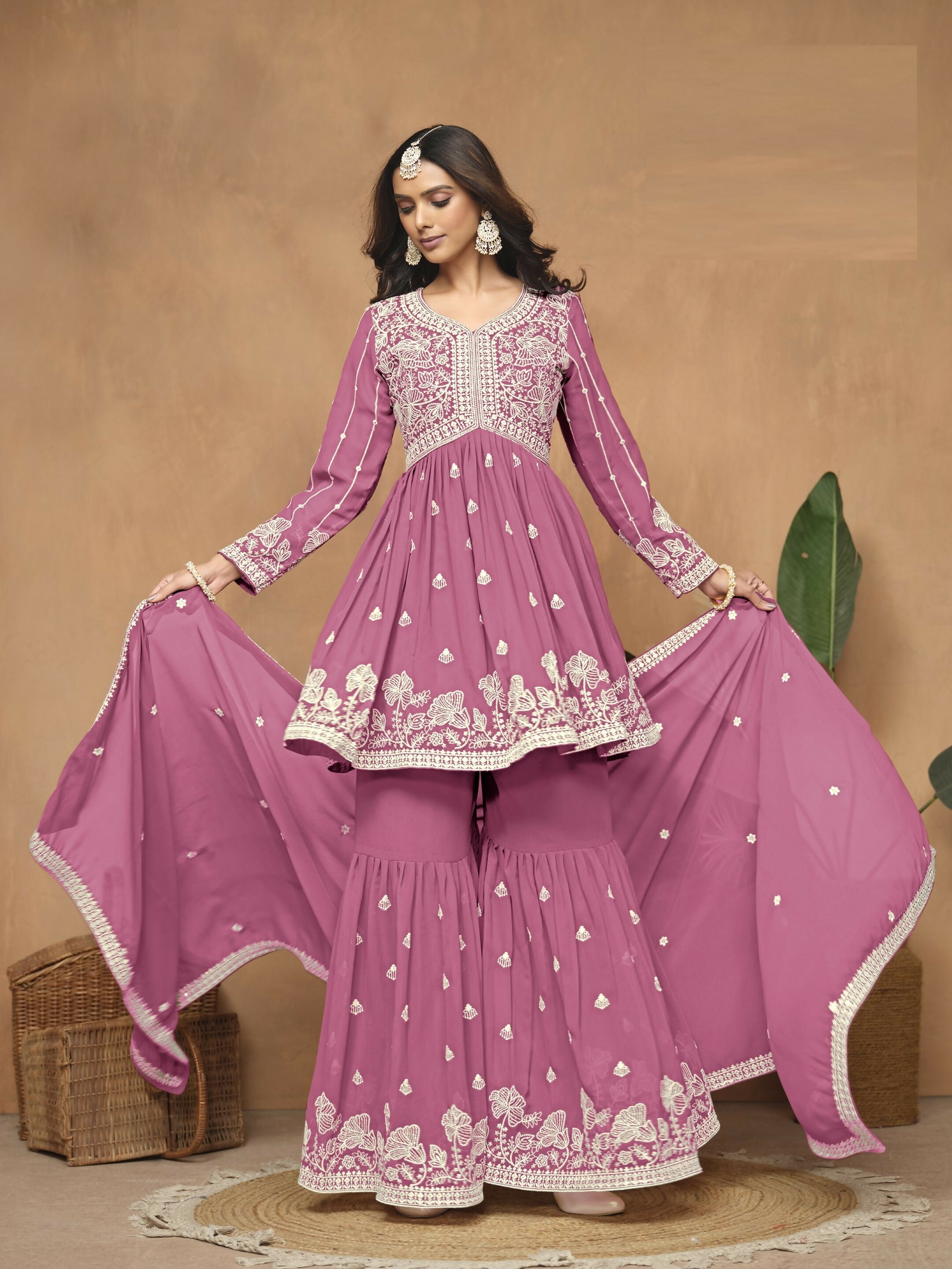 Anaita Pink Embroidered Faux Georgette Sharara Suit | Grocsy