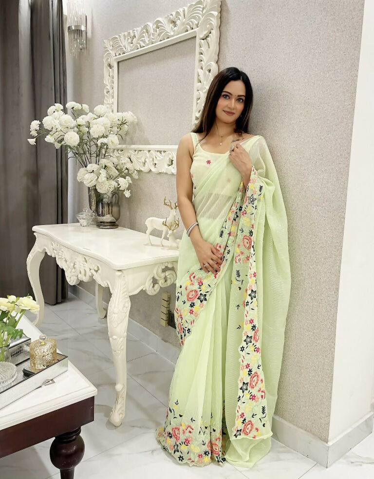 Green Shimmer Silk Multi Thread Sequence Embroidery Work Saree - Kashta | Grocsy