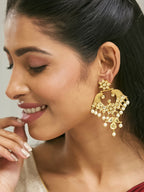 Nuyug 22K Gold-Plated Kundan and Pearl Earrings with Floral Stud and Intricate Crescent Design Chandbalis | Grocsy