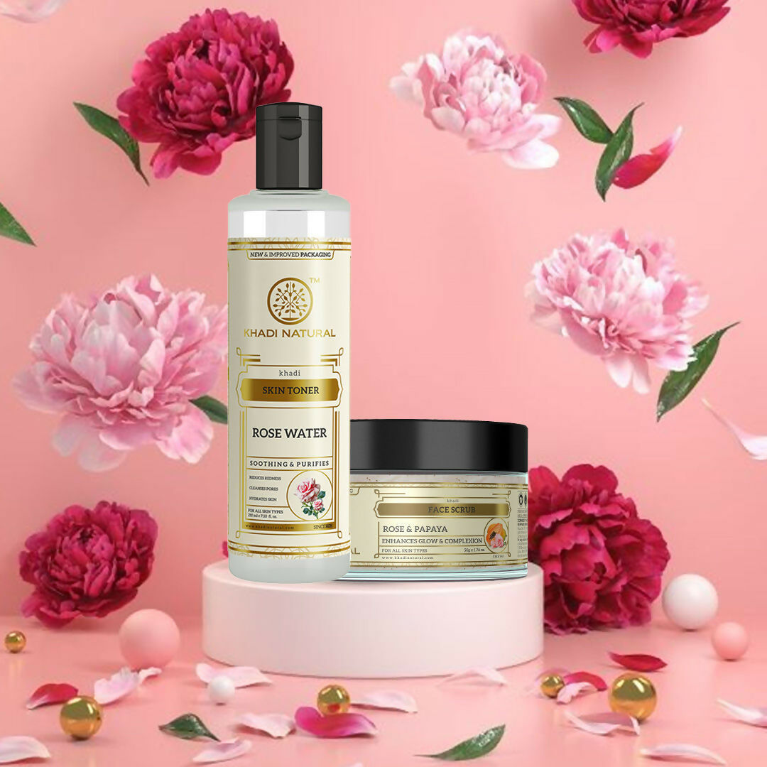 Khadi Natural Rose & Papaya Face Scrub + Rosewater Skin Toner | Grocsy