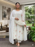 Teeya Creation Elegant White Straight Kurti Pant Set With Rose Motif Embroidery For Women | Grocsy
