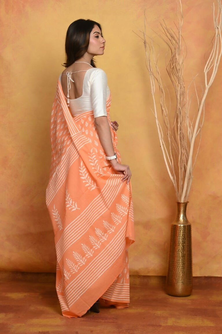 Very Much Indian Handblock Printed Cotton Saree With Natural Dyes - Light Peach | Grocsy