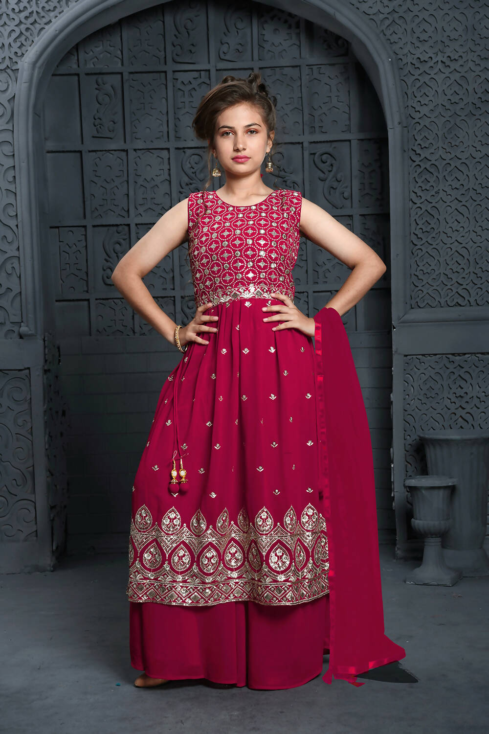 Kids Wedding Designer Pink Georgette Naira Cut Salwar Suit - Aaradhna | Grocsy