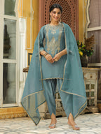 Janasya Light Blue Silk Blend Solid Kurta,Bottom & Dupatta | Grocsy