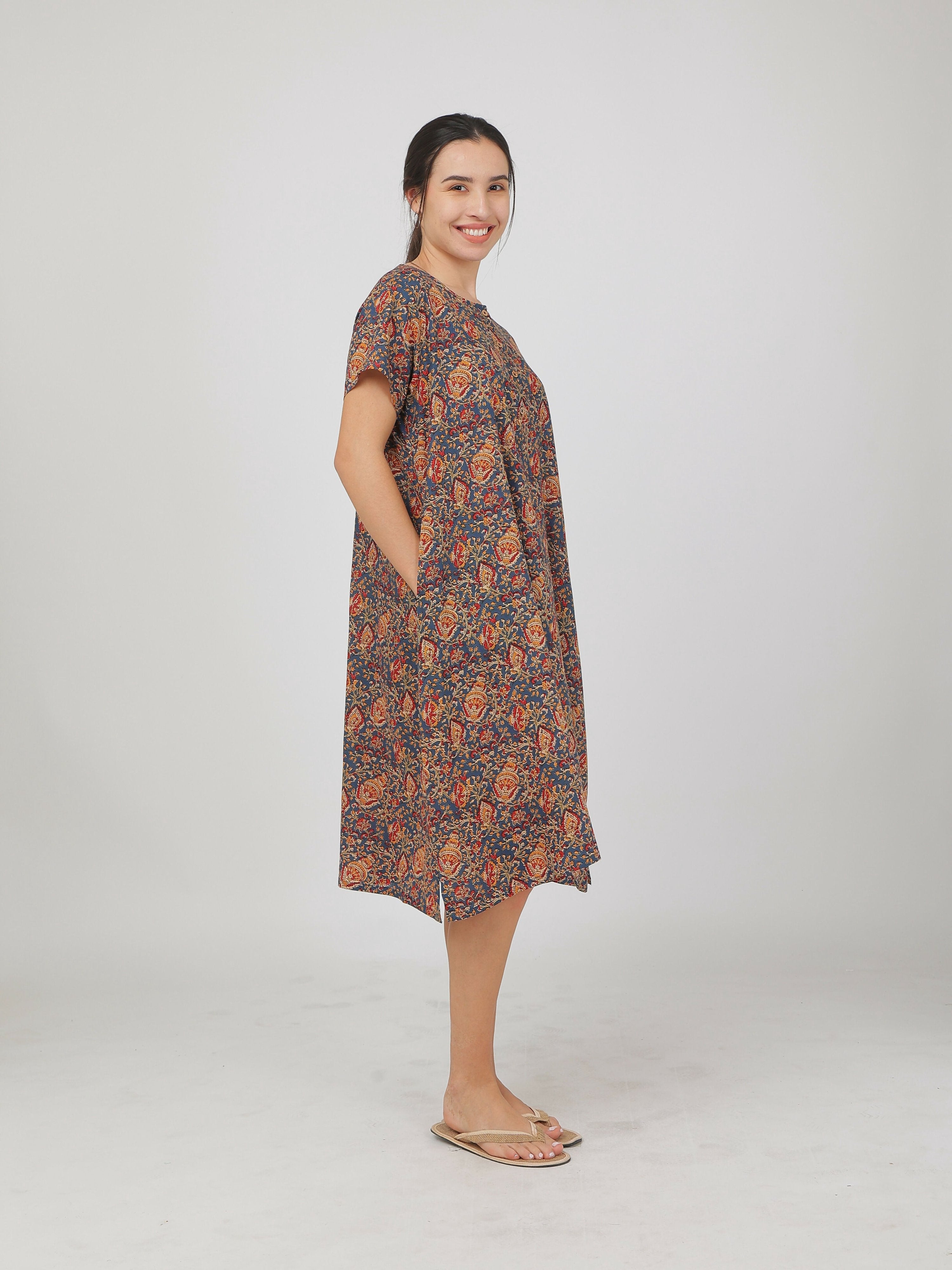 Breathables Women Cotton Printed Loungewear Nightie Blue I Night Wear | Nighty | Jaipuri Print | Grocsy