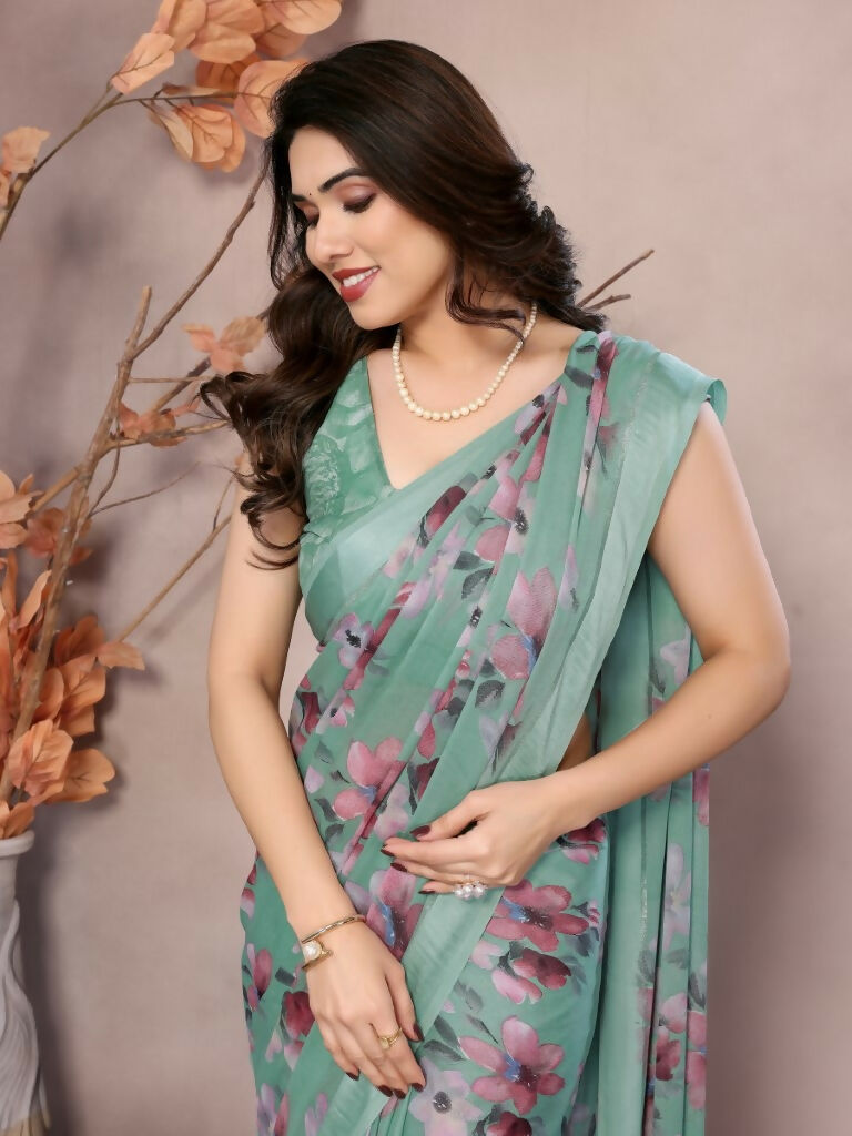 Designer Partywear Teal Bright Moss Satin Patta Fancy Saree - Kanak | Grocsy