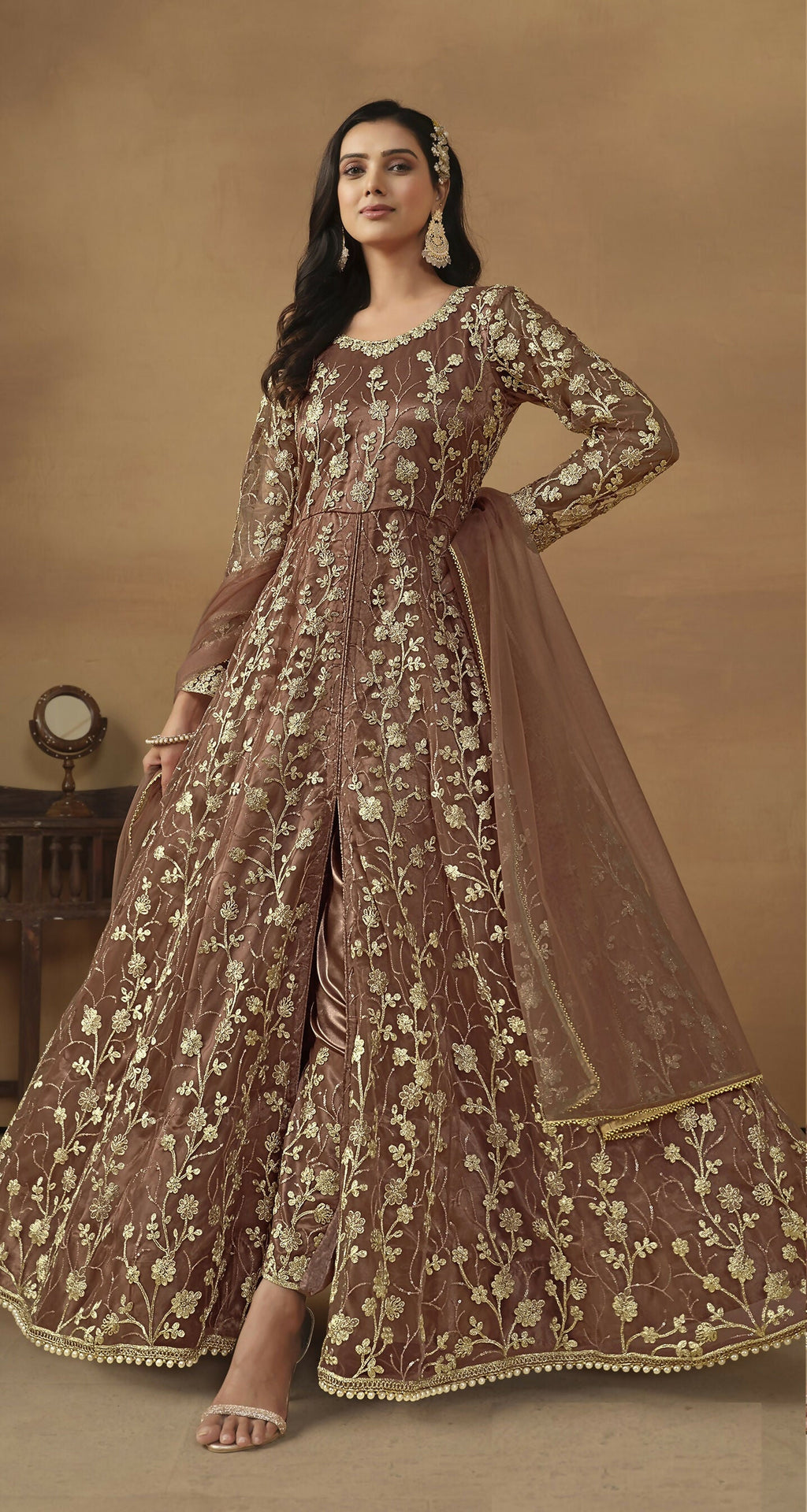 Anaita Brown Embroidered Butterfly Net Anarkali Suit | Grocsy