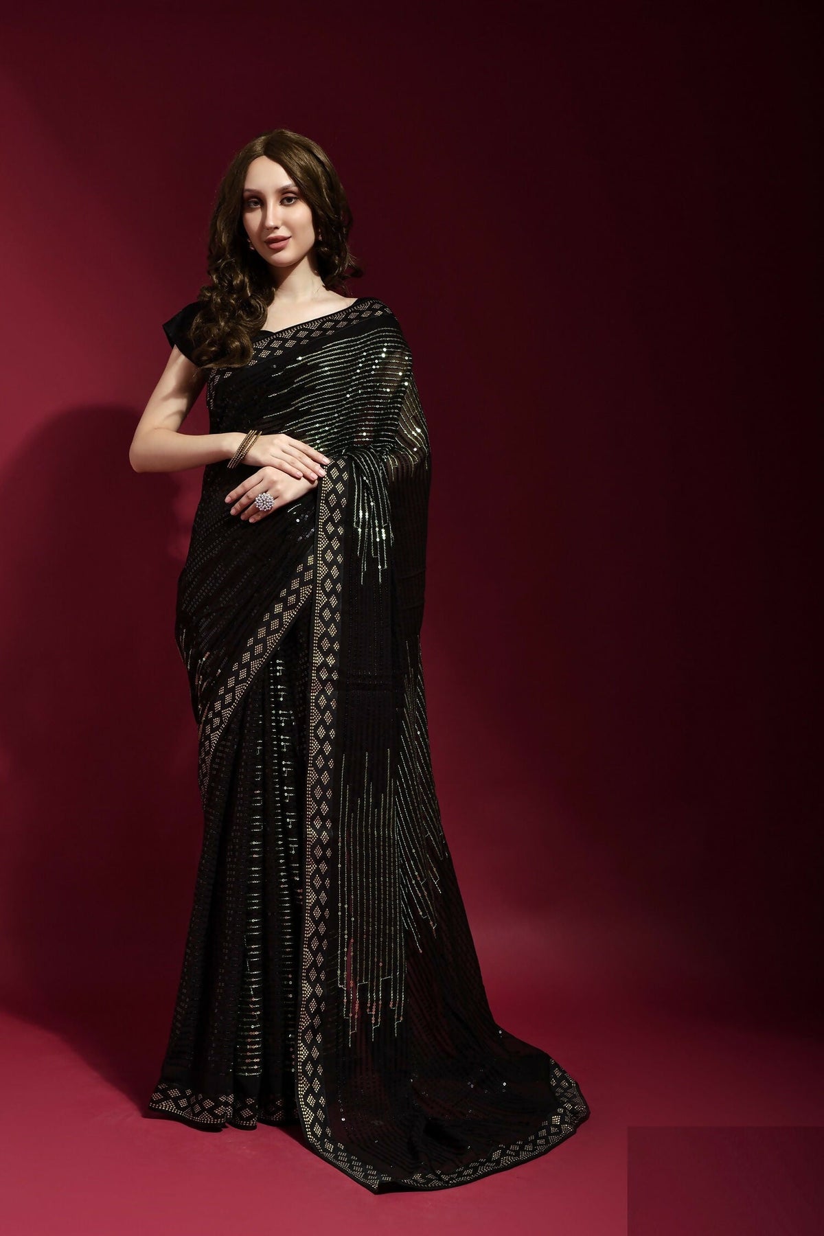 Vegaa Fashion Black Georgette Embroidered Party Wear Saree | Grocsy