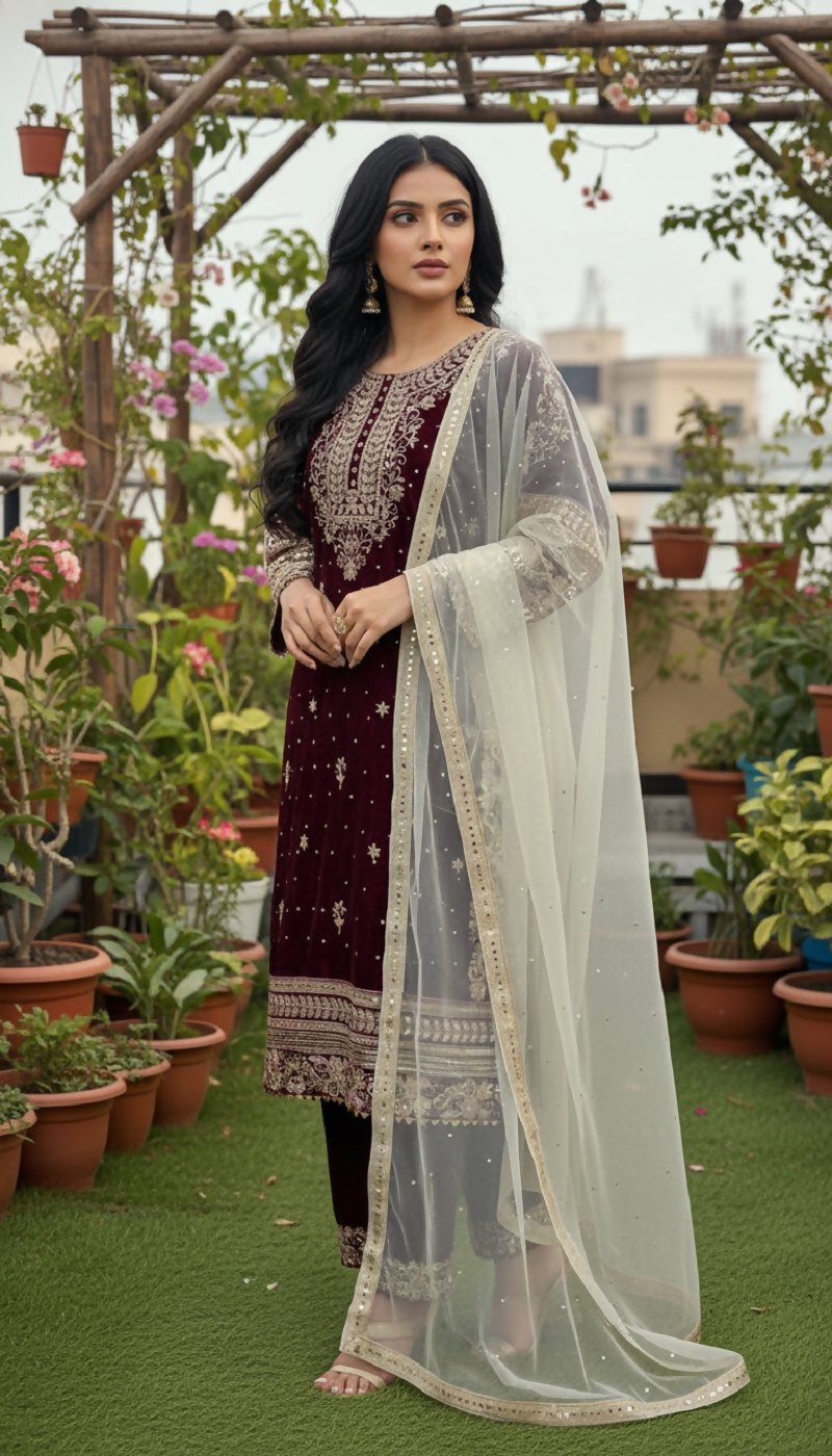 Joban Fashion Maroon Velvet Embroidery Sequence Work Readymade Kurta Set | Grocsy