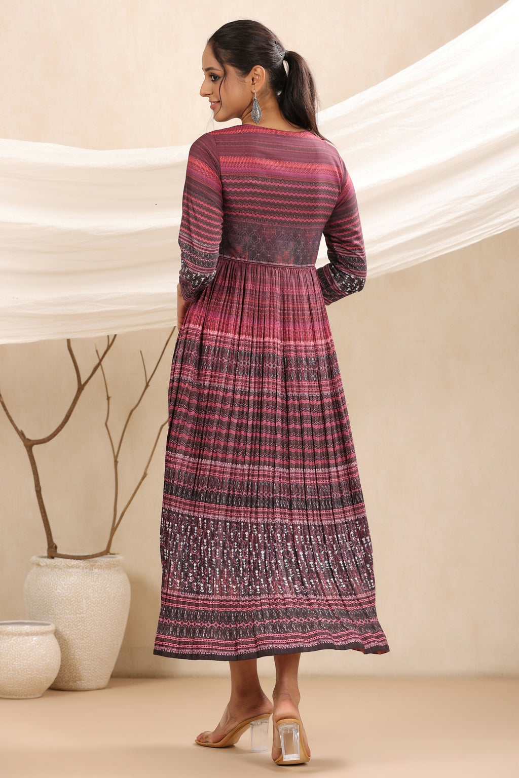 Juniper Purple muslin maxi dress with ethnic motif print with sequins & beads work | Grocsy
