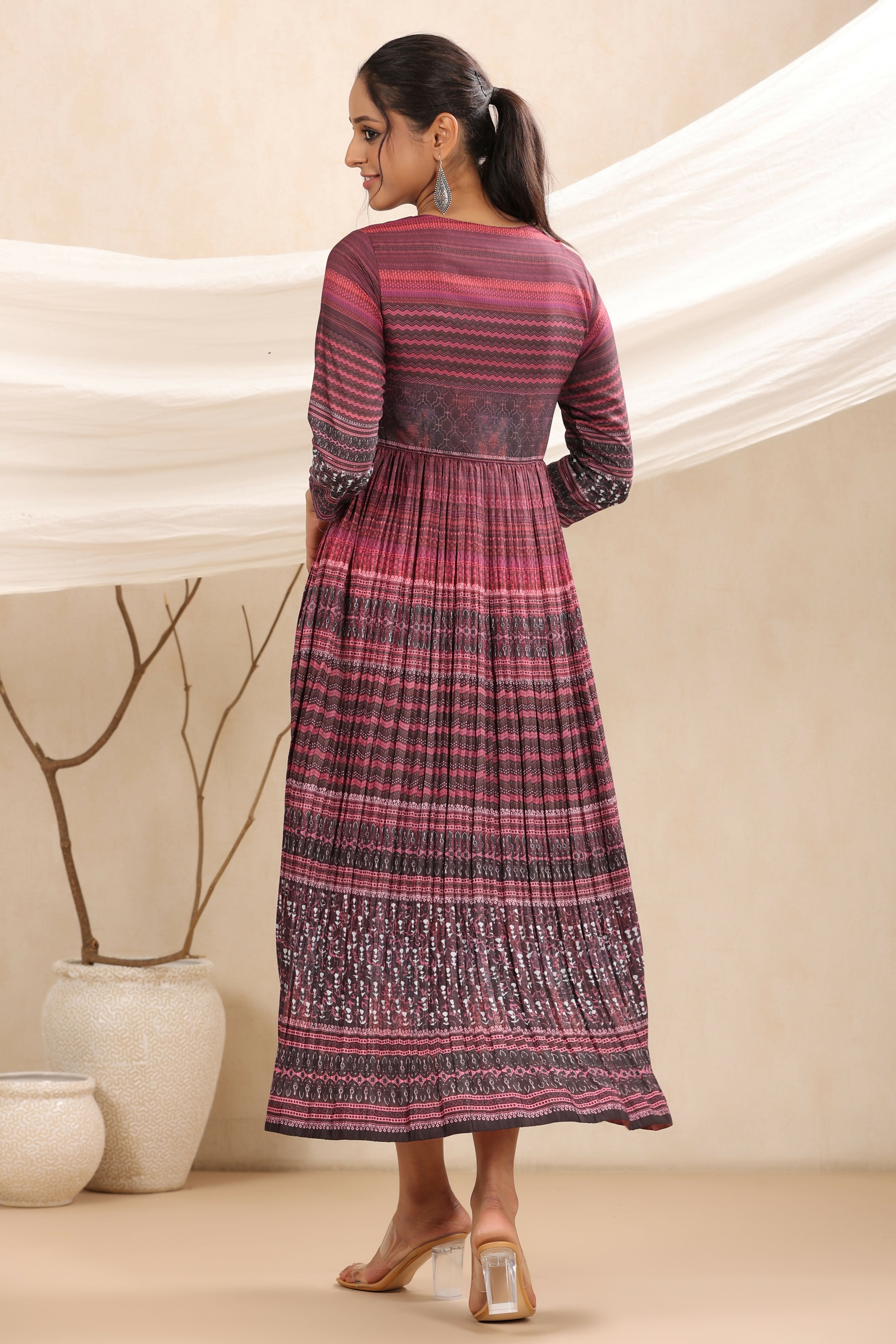 Juniper Purple muslin maxi dress with ethnic motif print with sequins & beads work | Grocsy