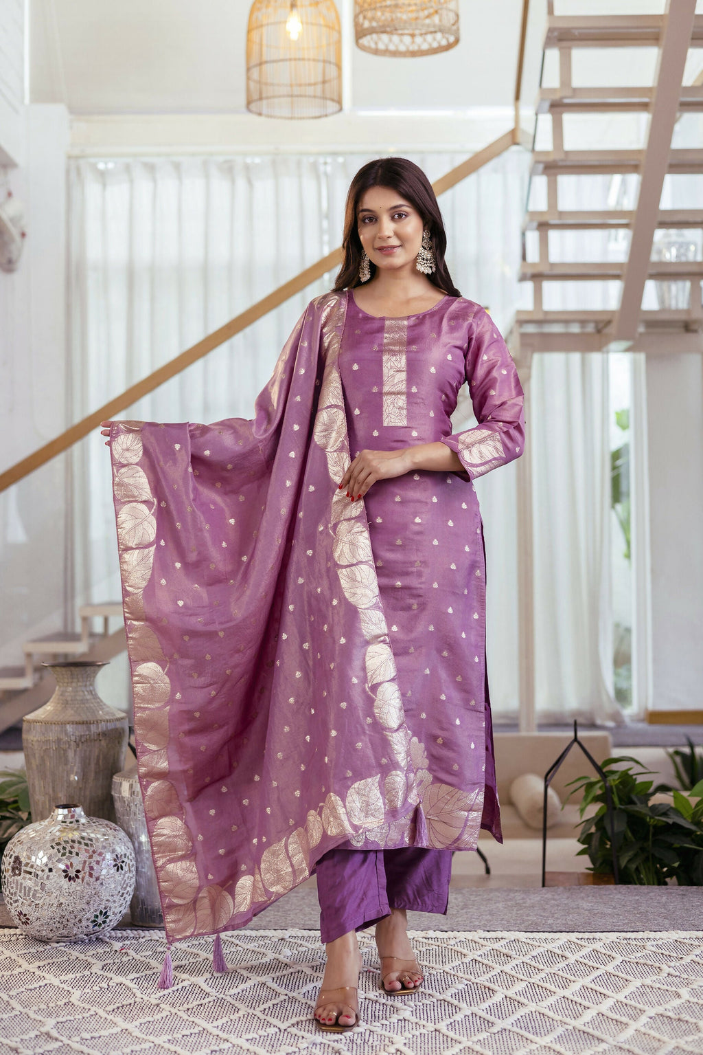 The52 Women's Beautiful Jacquard Butti Work Simmer Jacquard Fabric Straight Kurta Pant and Dupatta Set | Grocsy